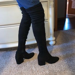 Over the knee, black suede-like stacked heel boot